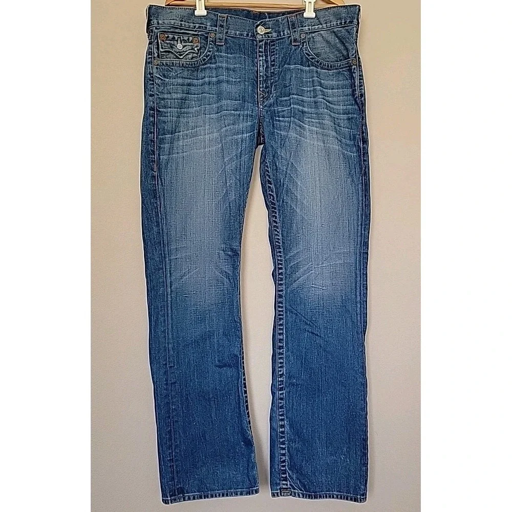 True Religion Mens Section Straight Blue Jeans Size 38 Pocket Flaps Whiskering